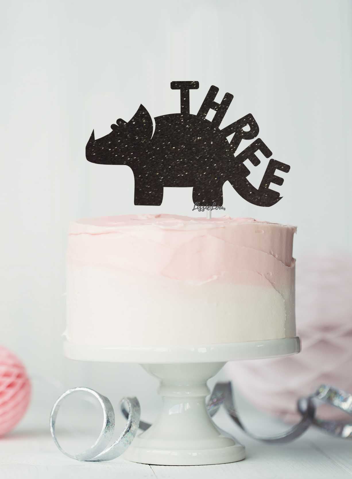 Dinosaur Three 3rd Birthday Cake Topper Glitter Card Black