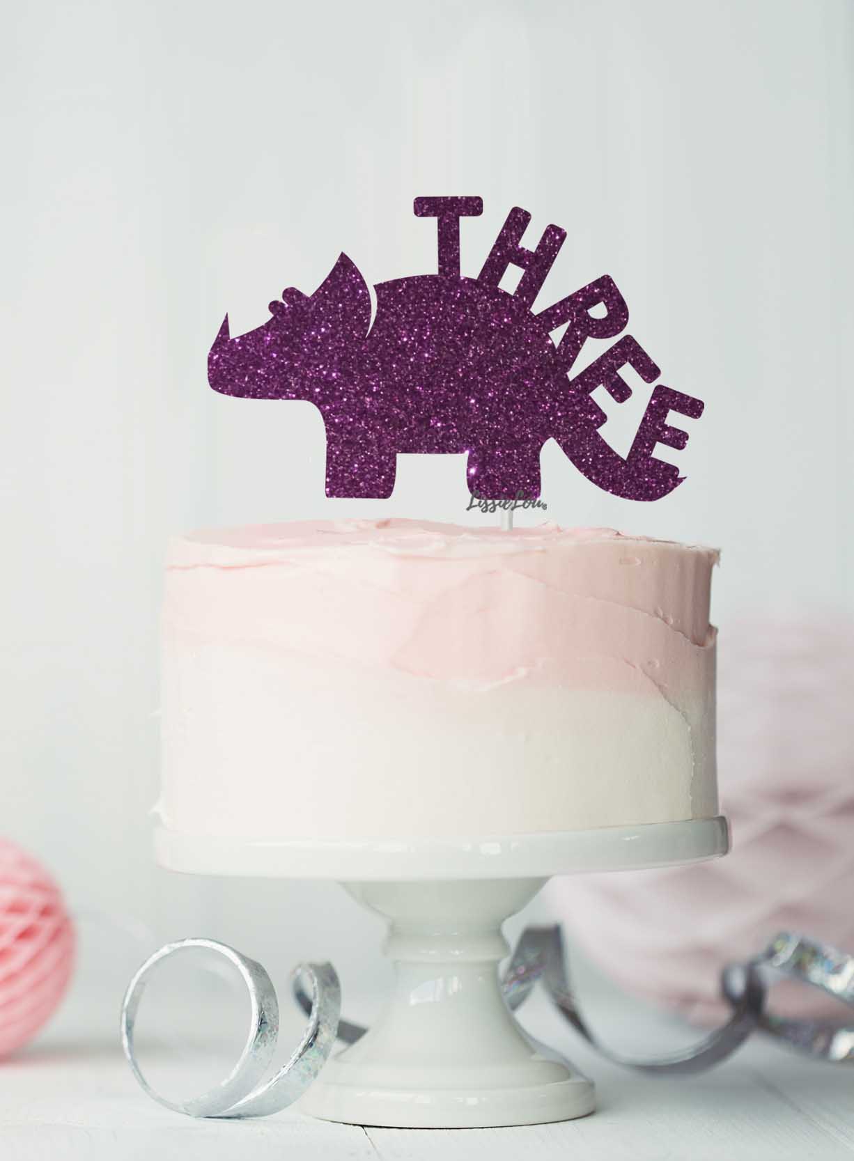 Dinosaur Three 3rd Birthday Cake Topper Glitter Card Dark Purple