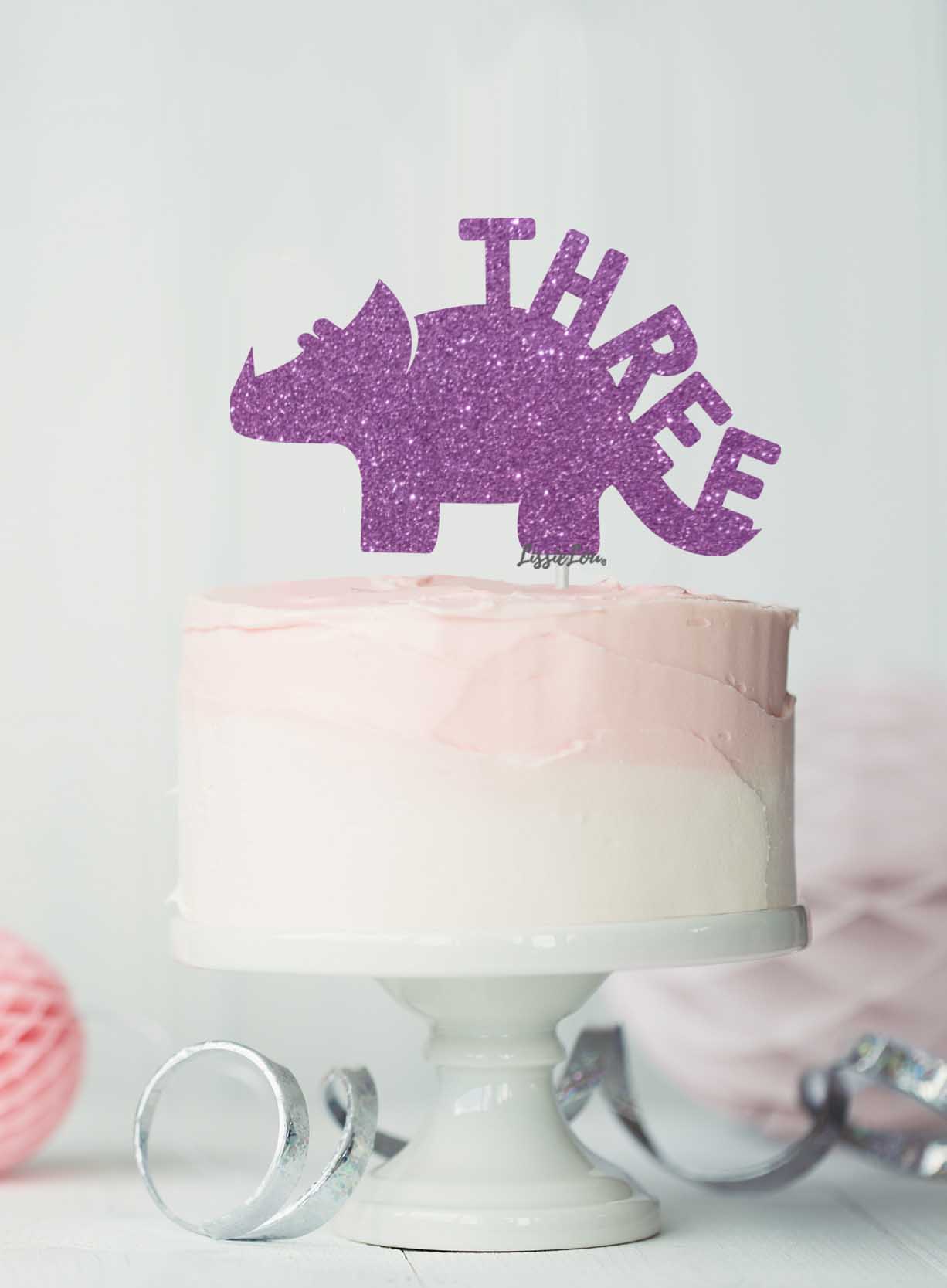 Dinosaur Three 3rd Birthday Cake Topper Glitter Card Light Purple