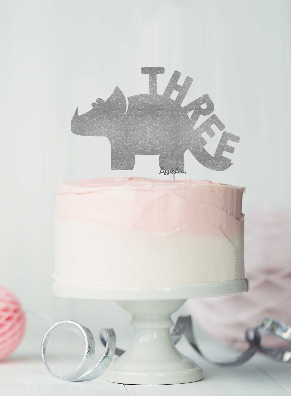 Dinosaur Three 3rd Birthday Cake Topper Glitter Card Silver