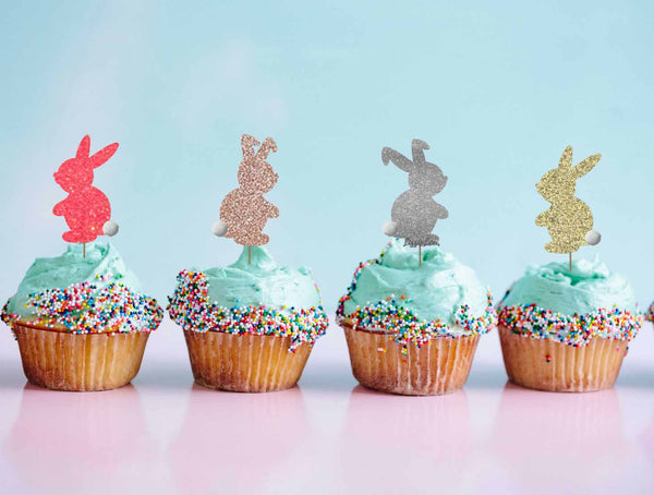 Cute Easter Bunny with Fluffy Tails Cupcake Topper Pack of 4 Glitter Card Mixed Pack