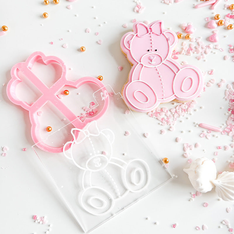 Female Sitting Teddy Bear with Bow Baby Shower Cookie Cutter and Embosser