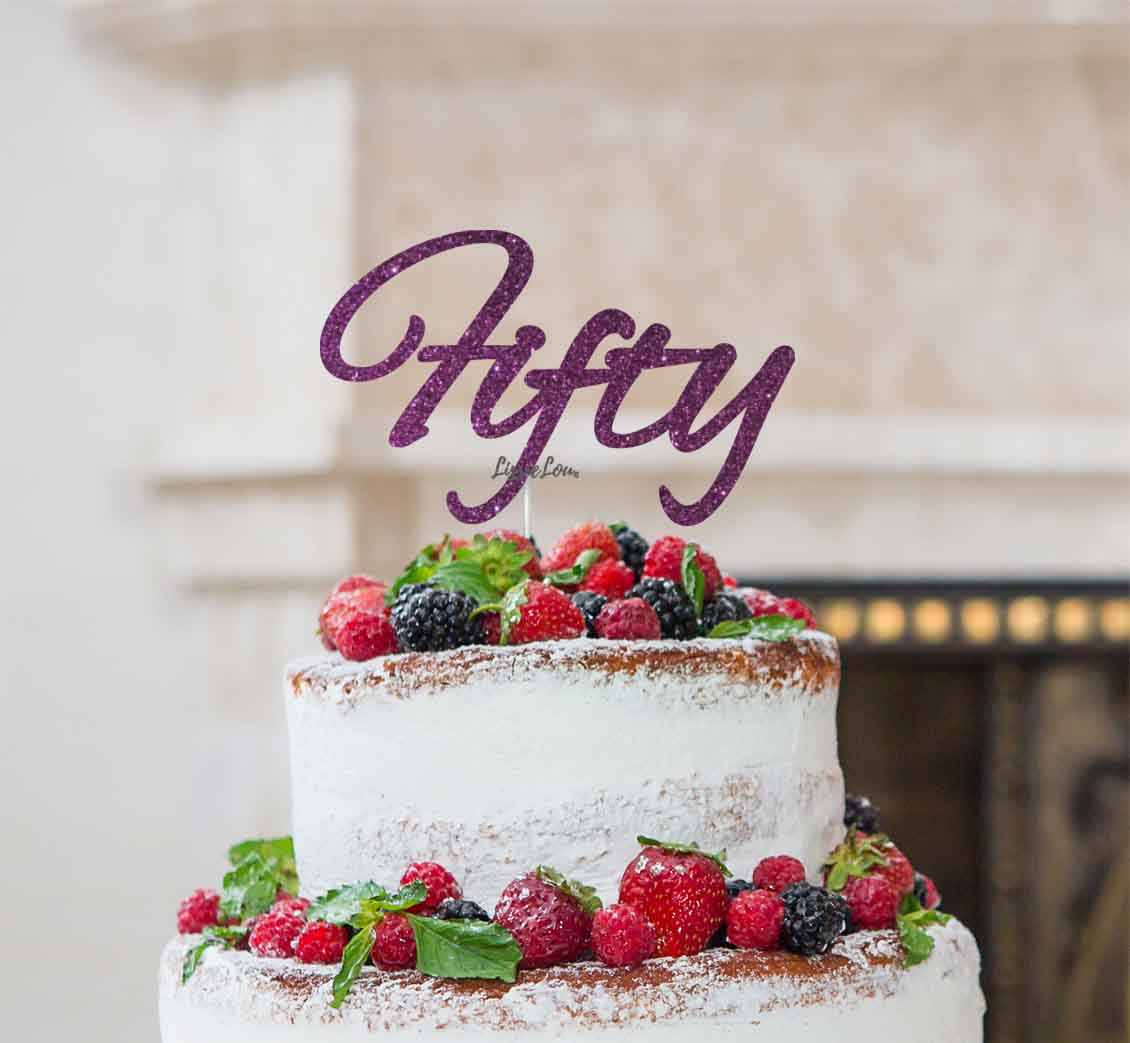 Fifty Birthday Cake Topper 50th Glitter Card Dark Purple