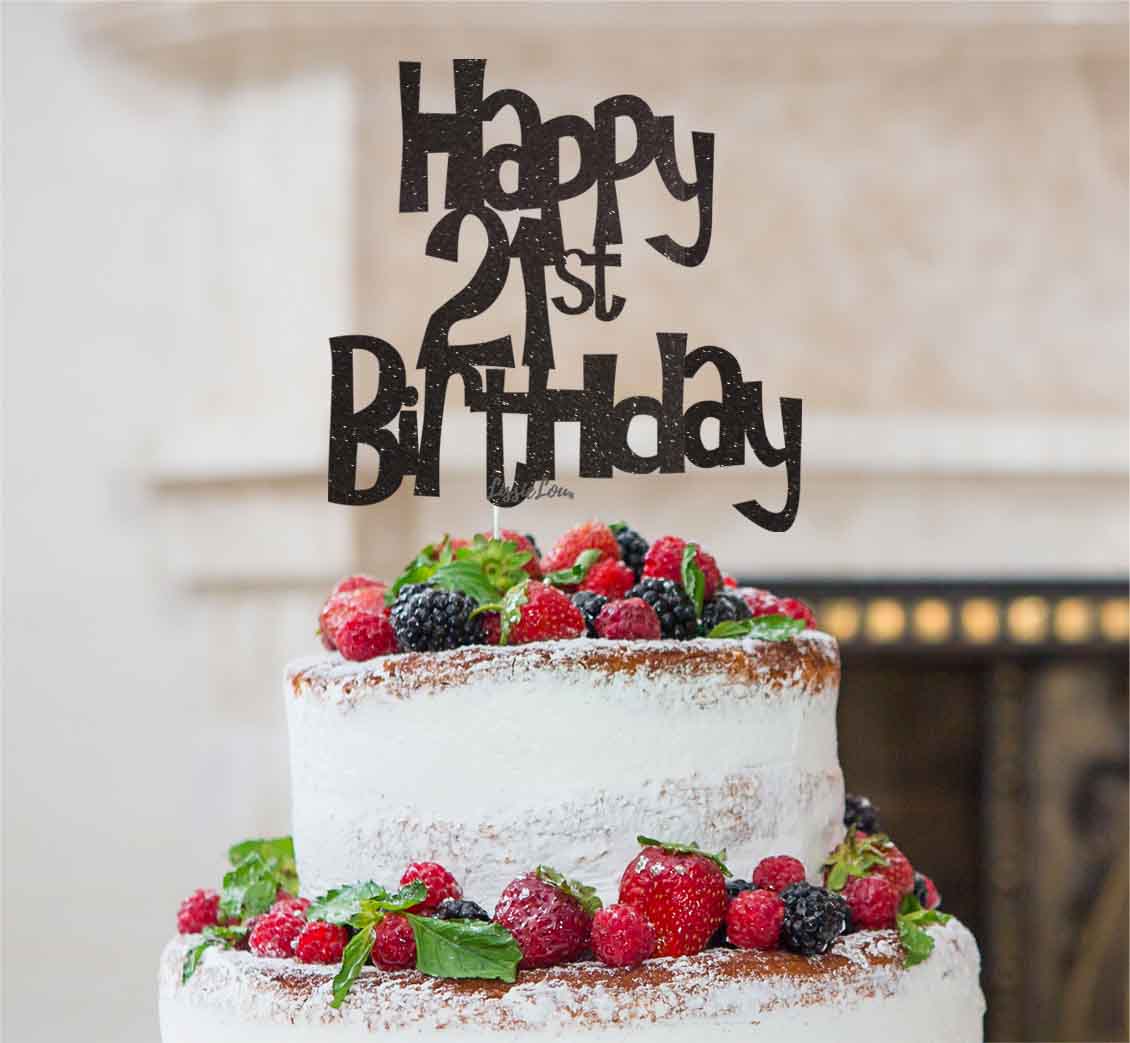 Happy 21st Birthday Cake Topper Glitter Card Black