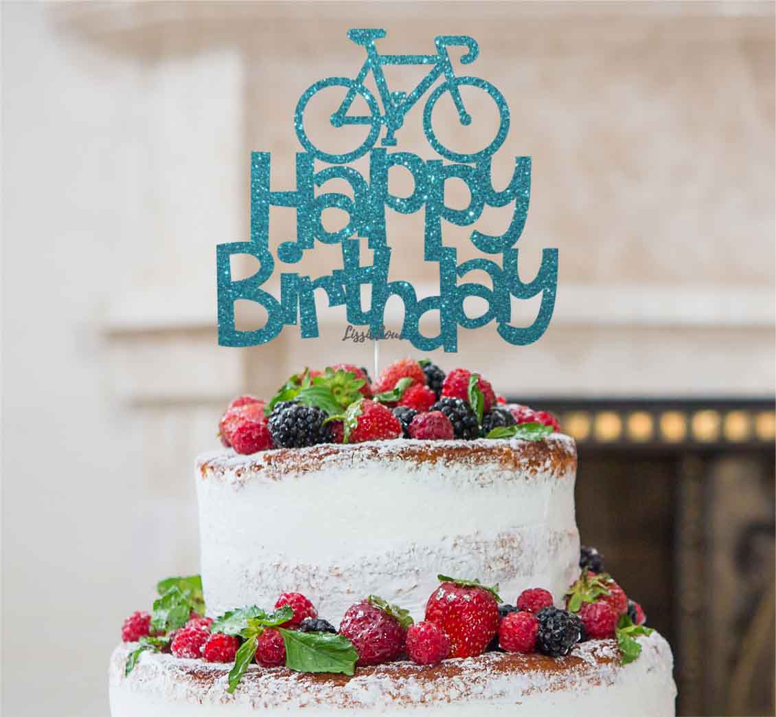 Happy Birthday Bicycle Cake Topper Glitter Card Light Blue