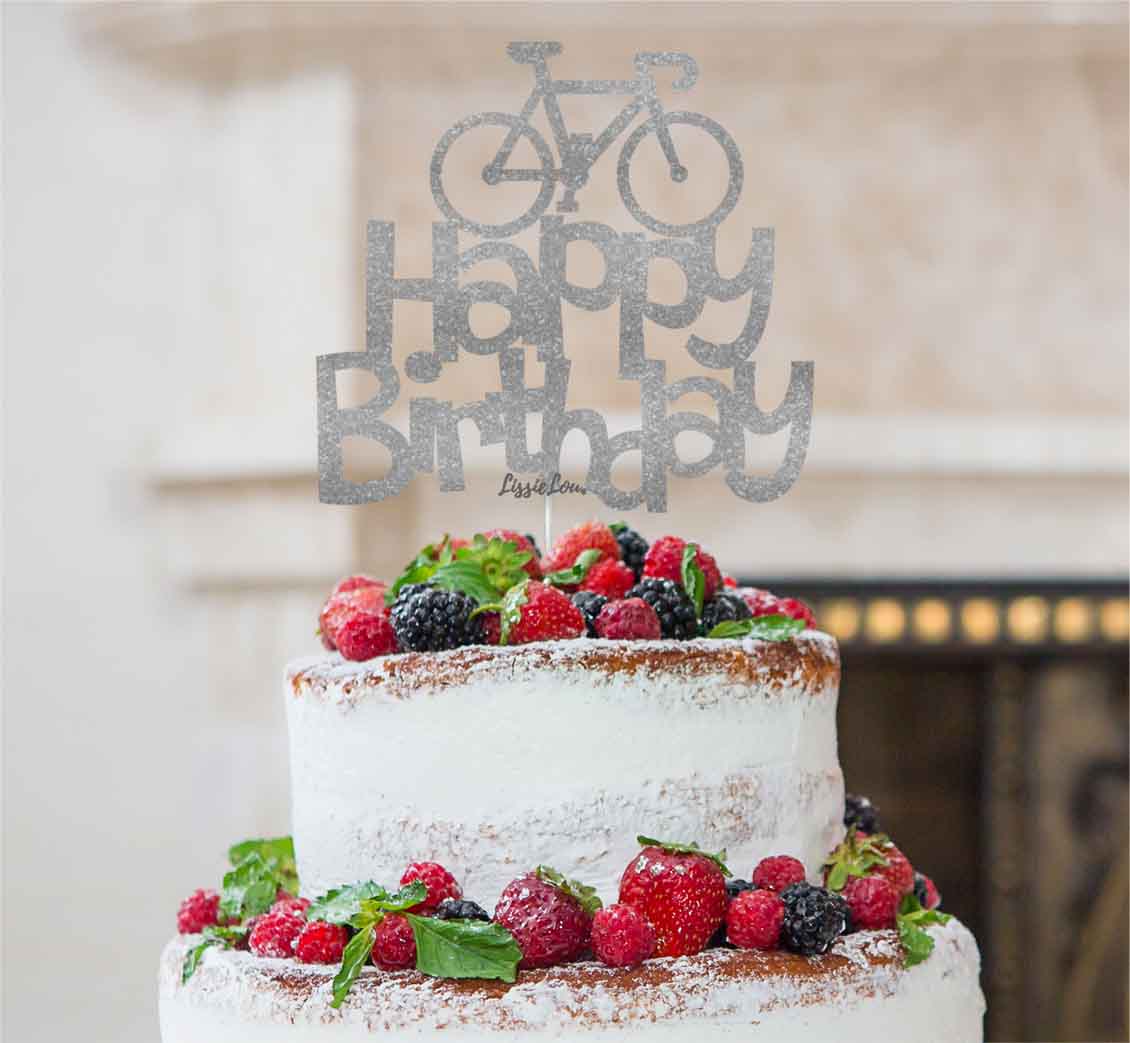 Happy Birthday Bicycle Cake Topper Glitter Card Silver