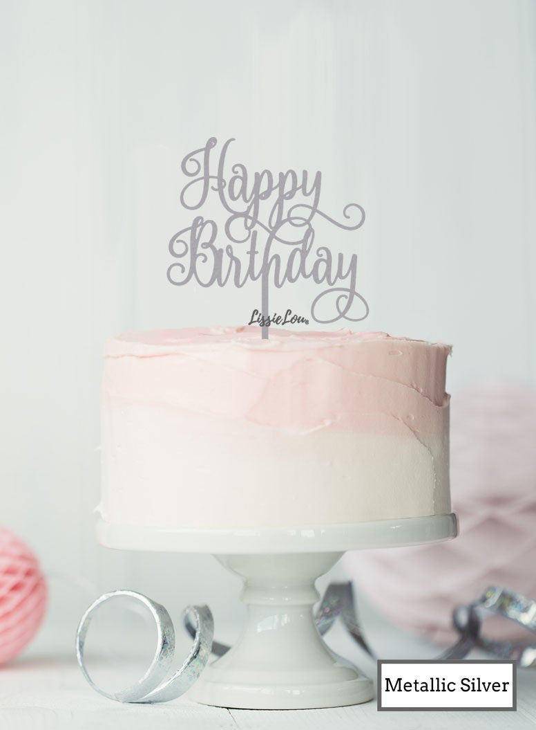 Happy Birthday Curly Cake Topper Premium 3mm Acrylic Metallic Silver