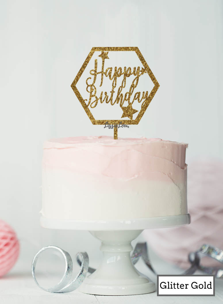 Happy Birthday with Stars Hexagon Cake Topper Premium 3mm Acrylic Glitter Gold