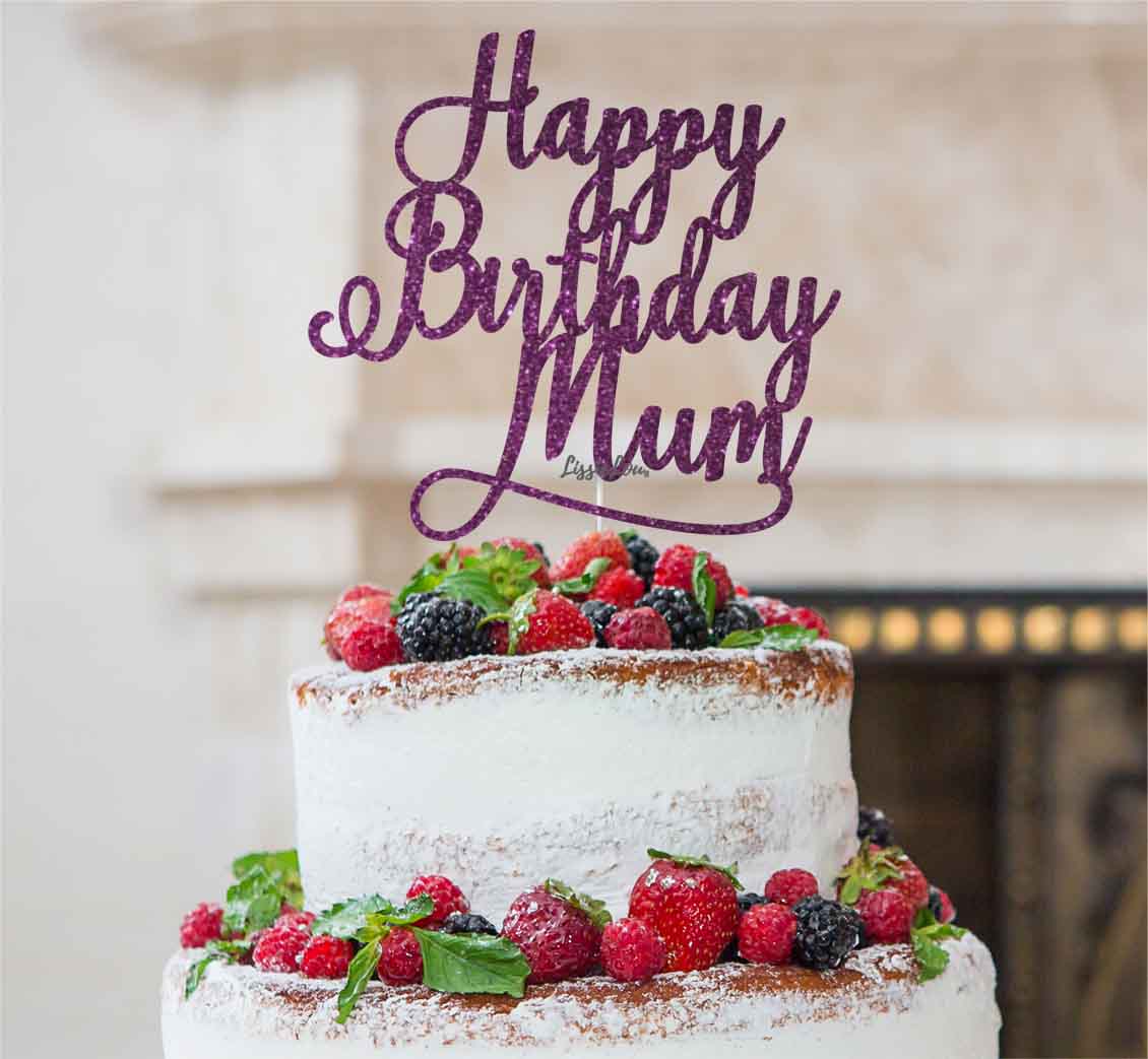 Happy Birthday Mum Cake Topper Glitter Card Dark Purple