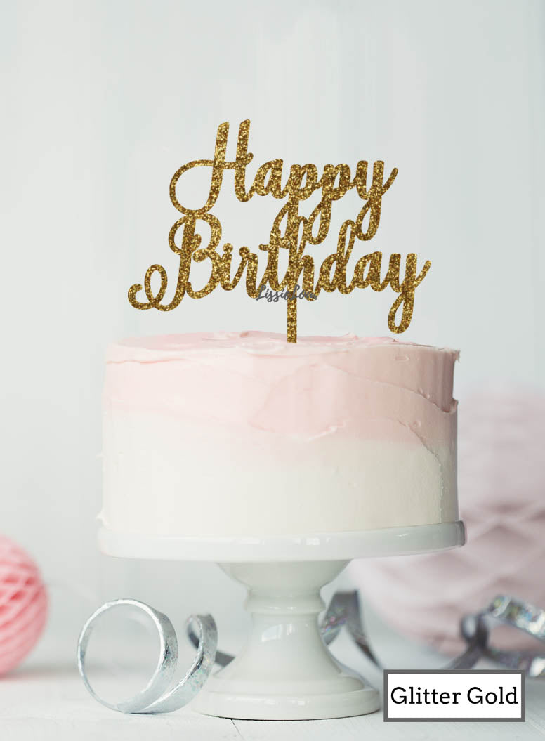 Happy Birthday Pretty Cake Topper Premium 3mm Acrylic Glitter Gold