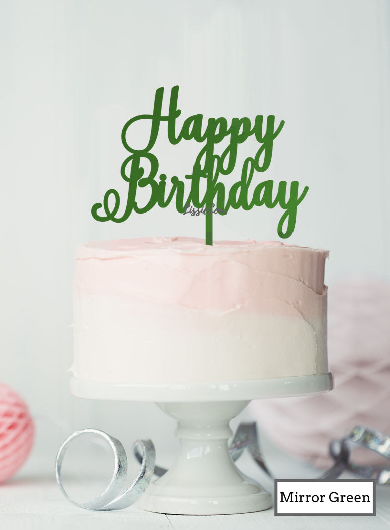 Happy Birthday Pretty Cake Topper Premium 3mm Acrylic Mirror Green