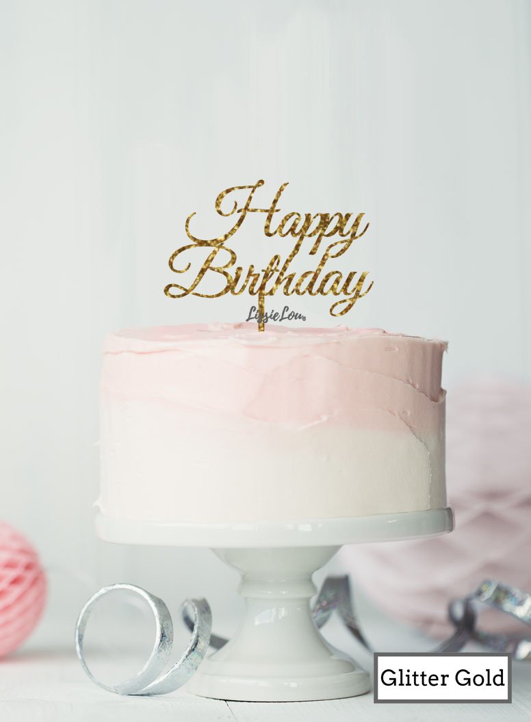 Happy Birthday Slanted Cake Topper Glitter Gold