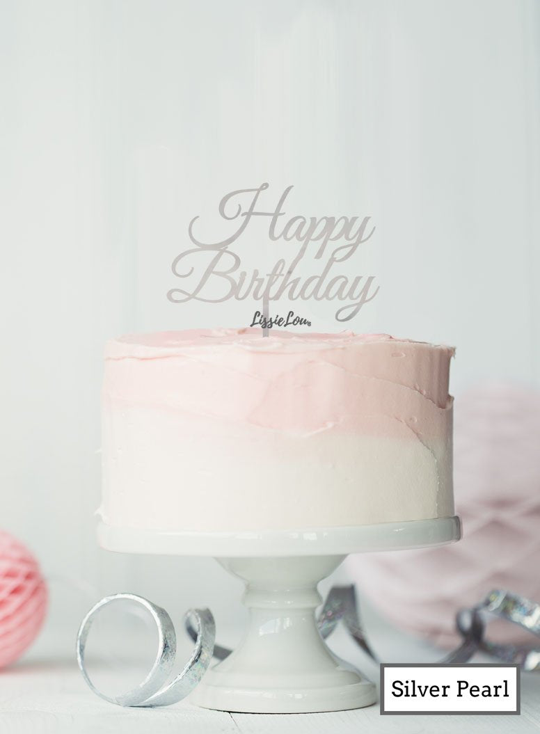 Happy Birthday Slanted Cake Topper Silver Pearl Effect