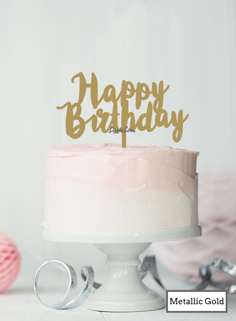 Happy Birthday Swirly Cake Topper Premium 3mm Acrylic Metallic Gold