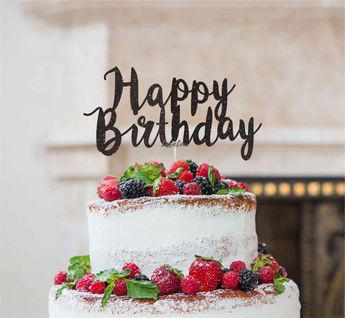 Happy Birthday Swirly Cake Topper Glitter Card Black