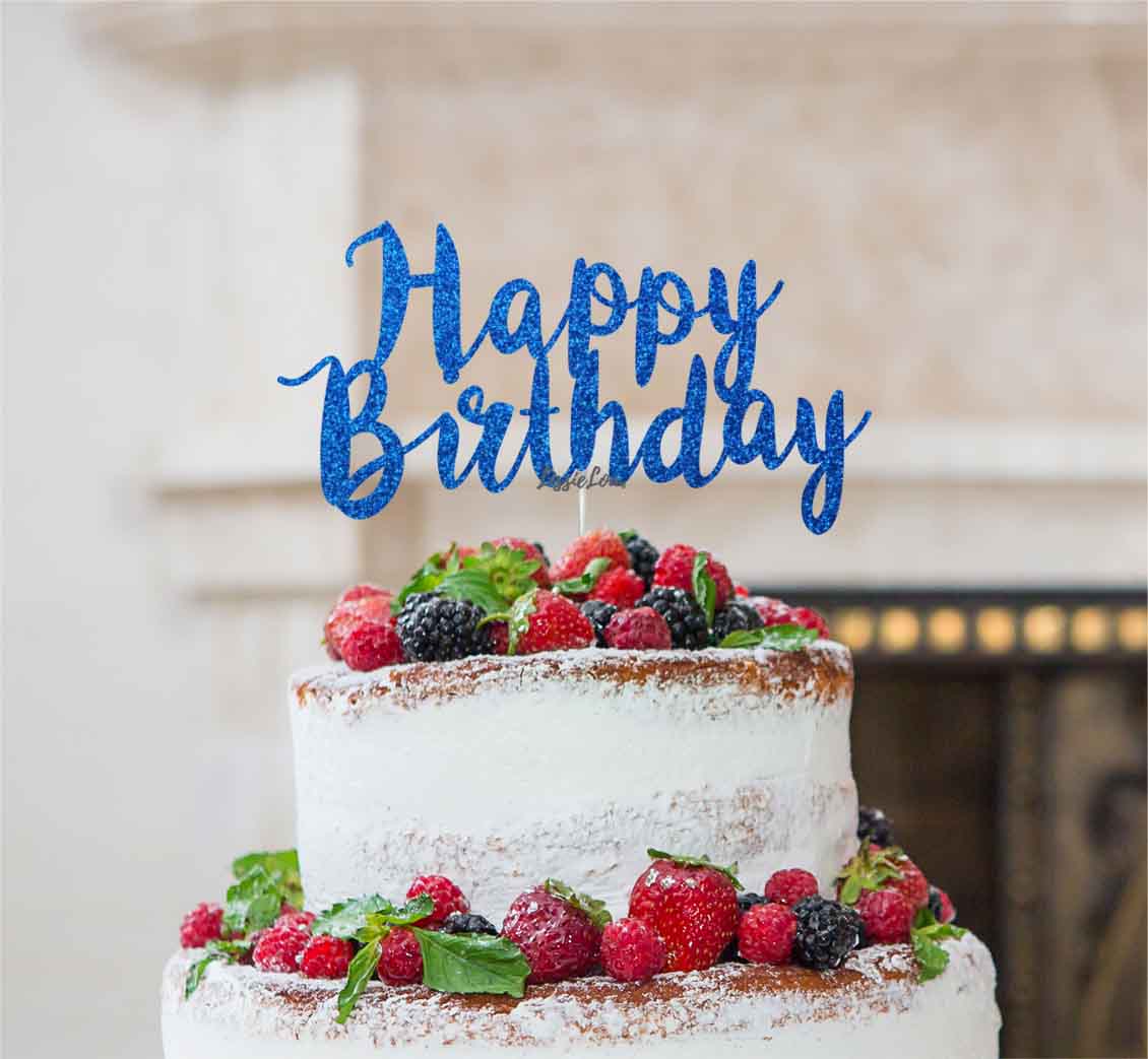 Happy Birthday Swirly Cake Topper Glitter Card Dark Blue