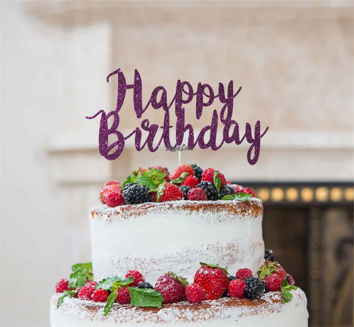 Happy Birthday Swirly Cake Topper Glitter Card Dark Purple