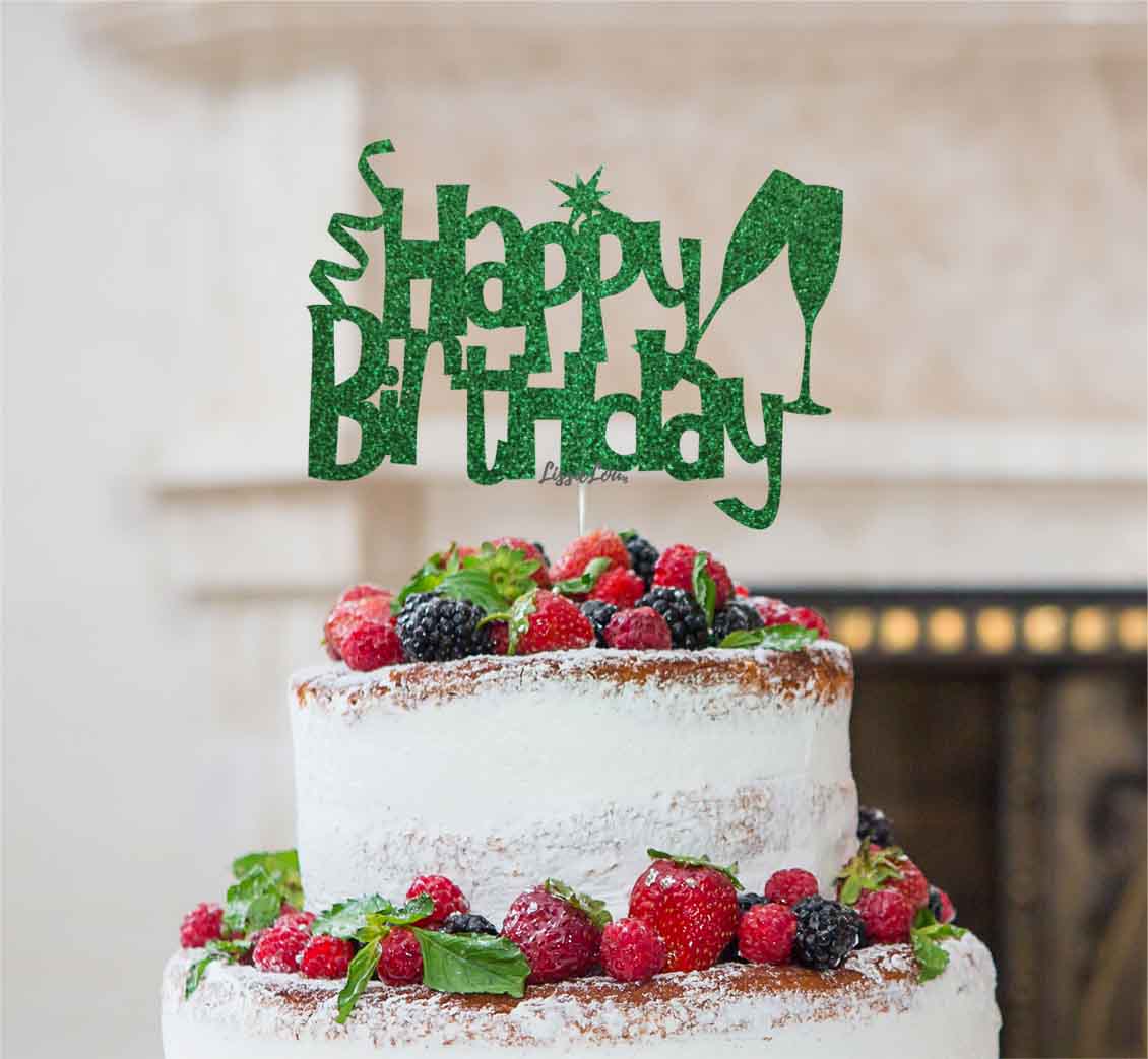 Happy Birthday Fun with Champagne Glasses Cake Topper Glitter Card Green
