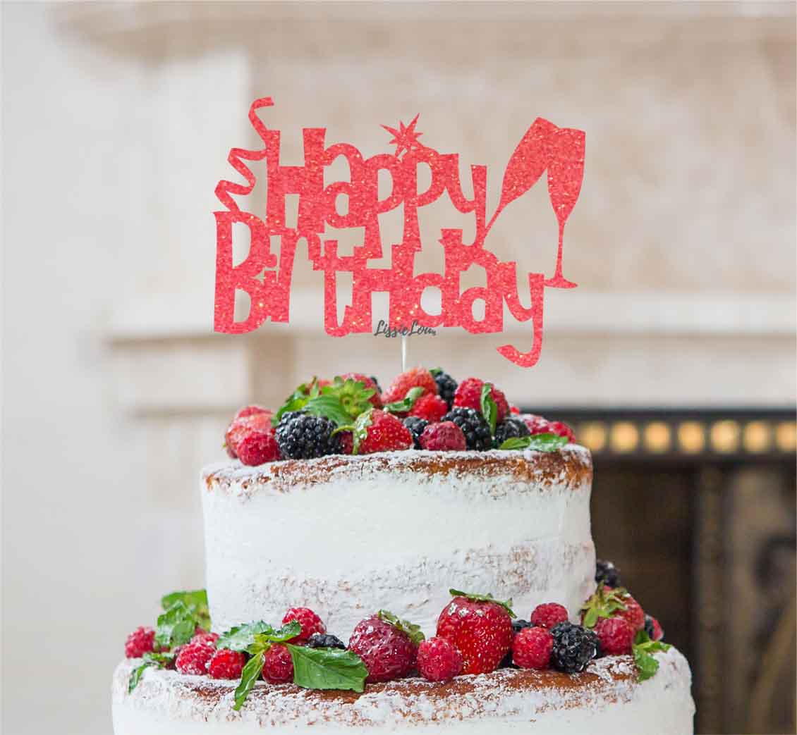 Happy Birthday Fun with Champagne Glasses Cake Topper Glitter Card Light Pink