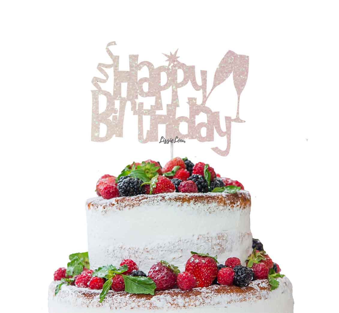 Happy Birthday Fun with Champagne Glasses Cake Topper Glitter Card White