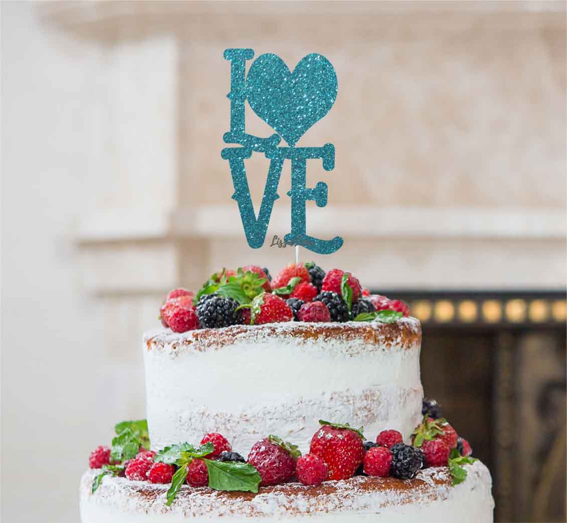 Love with Heart Cake Topper Glitter Card Light Blue
