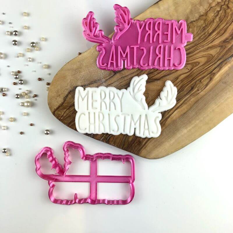 Merry Christmas with Antlers Cookie Cutter and Stamp