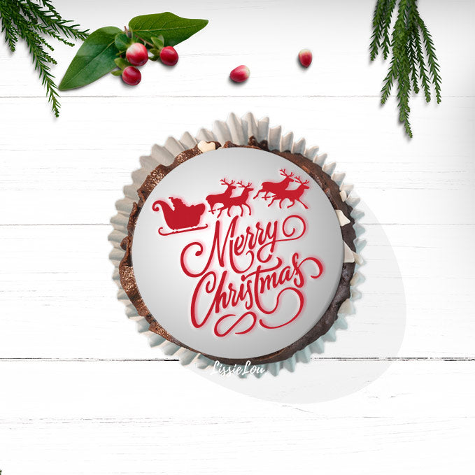 Merry Christmas Santas Sleigh Cupcake Stencil - Cupcake Size Design