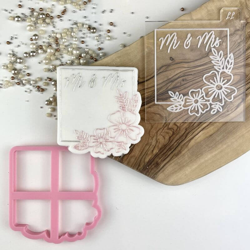 Mr & Mrs in Square with Flowers Wedding Cookie Cutter and Embosser