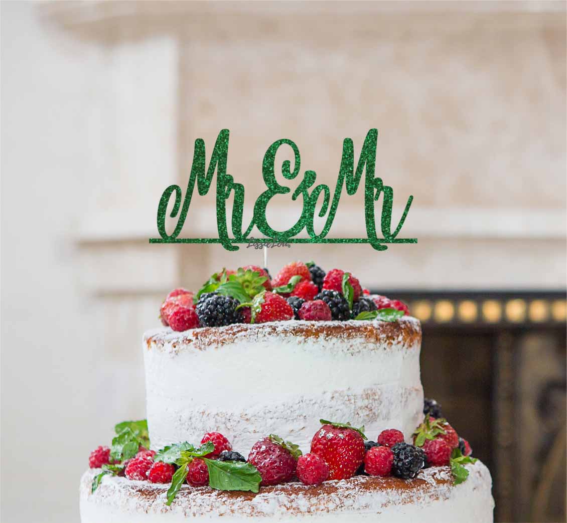 Mr and Mr Line Same Sex Wedding Cake Topper Glitter Card Green