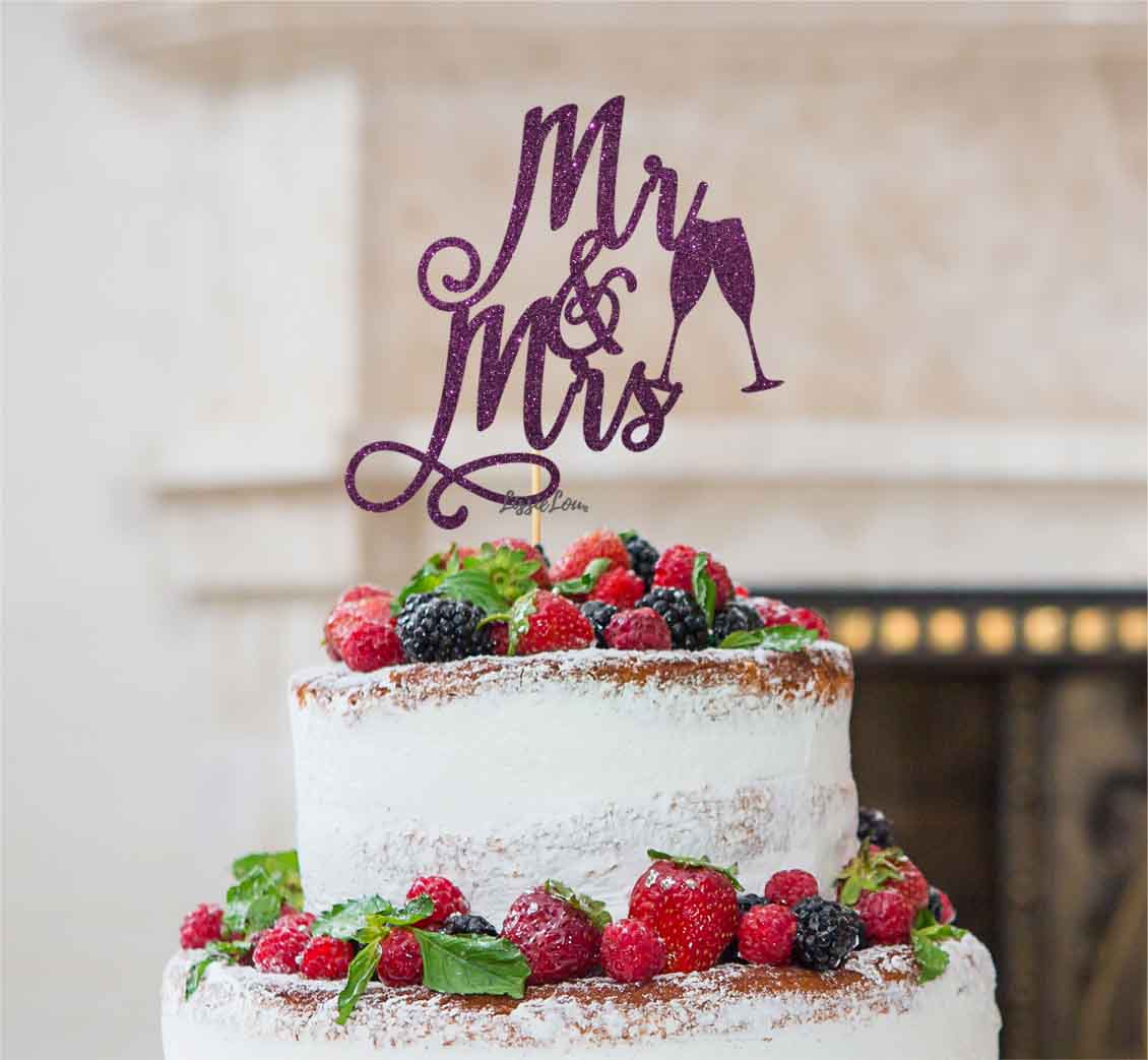 Mr and Mrs Swirly with Champagne Glasses Cake Topper Glitter Card Dark Purple