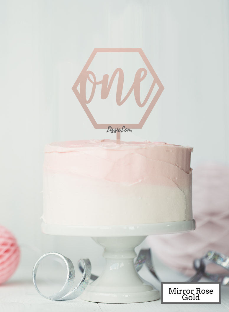 Hexagon Number One Cake Topper Premium 3mm Acrylic Mirror Rose Gold