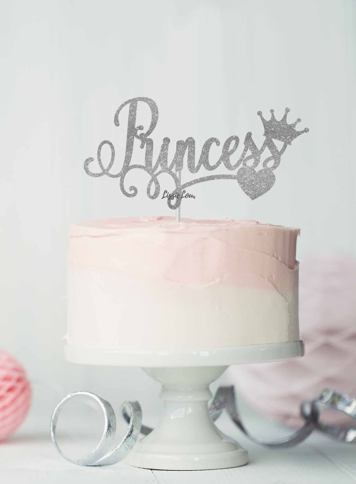 Princess Birthday Cake Topper Glitter Card Silver