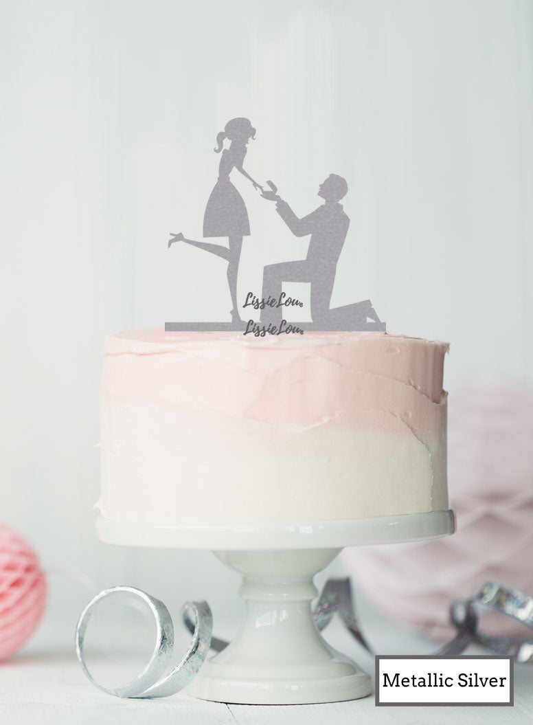 Silhouette Couple Proposal Engagement Cake Topper Premium 3mm Acrylic Metallic Silver