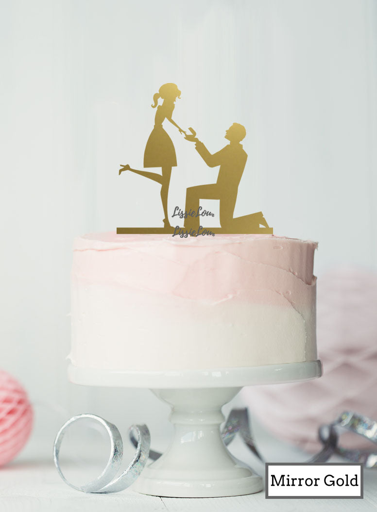 Silhouette Couple Proposal Engagement Cake Topper Premium 3mm Acrylic Mirror Gold