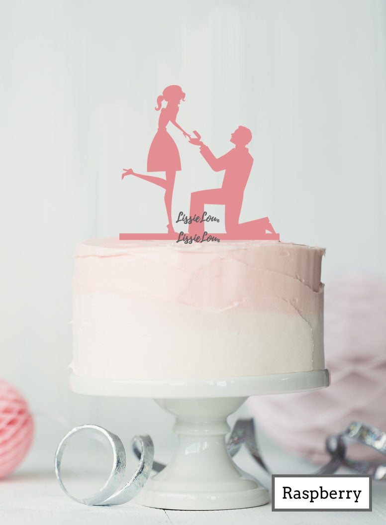 Silhouette Couple Proposal Engagement Cake Topper Premium 3mm Acrylic Raspberry