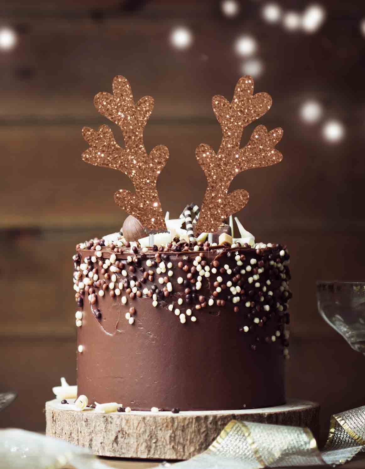 Reindeer Antlers Christmas Cake Topper Glitter Card Brown