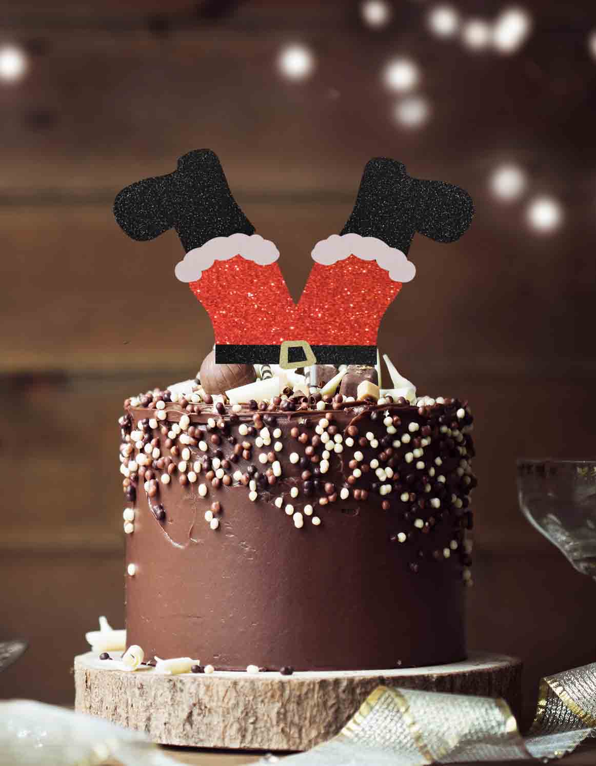 Santas Legs Fun Christmas Cake Topper Glitter Card Red and Black