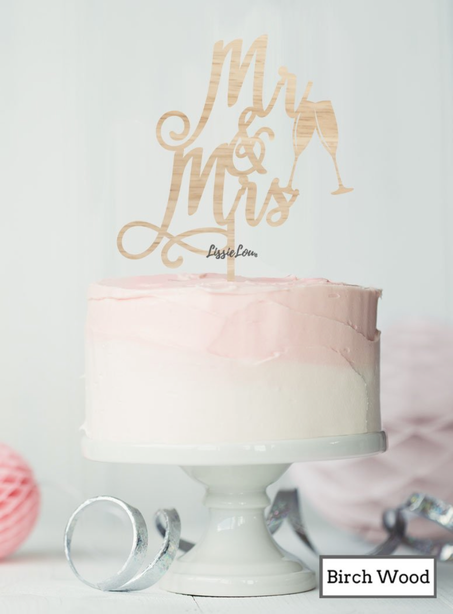 Mr and Mrs Pretty with Champagne Glasses Wedding Cake Topper Premium 3mm Birch Wood