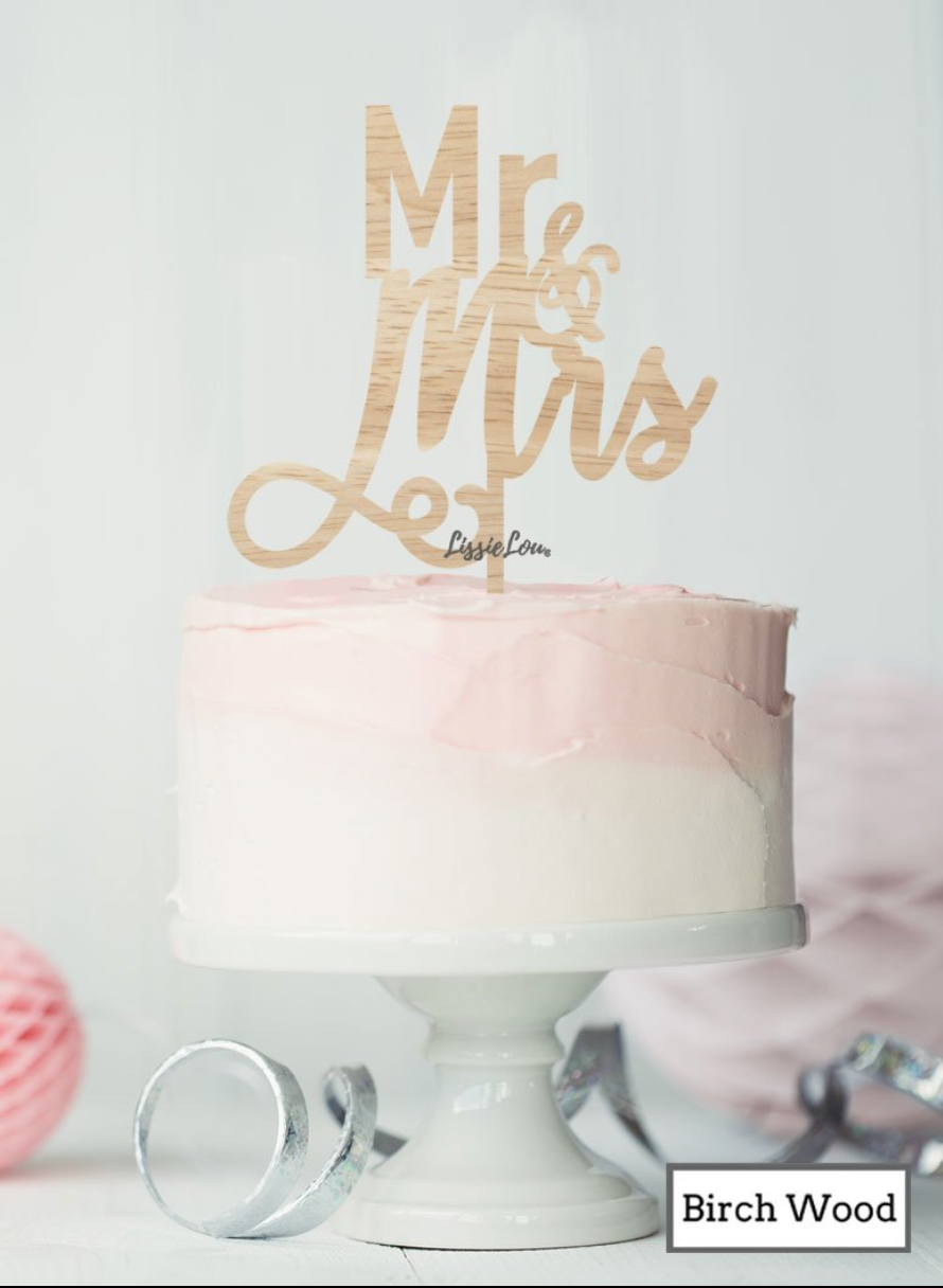 Mr and Mrs Pretty Wedding Cake Topper Premium 3mm Birch Wood