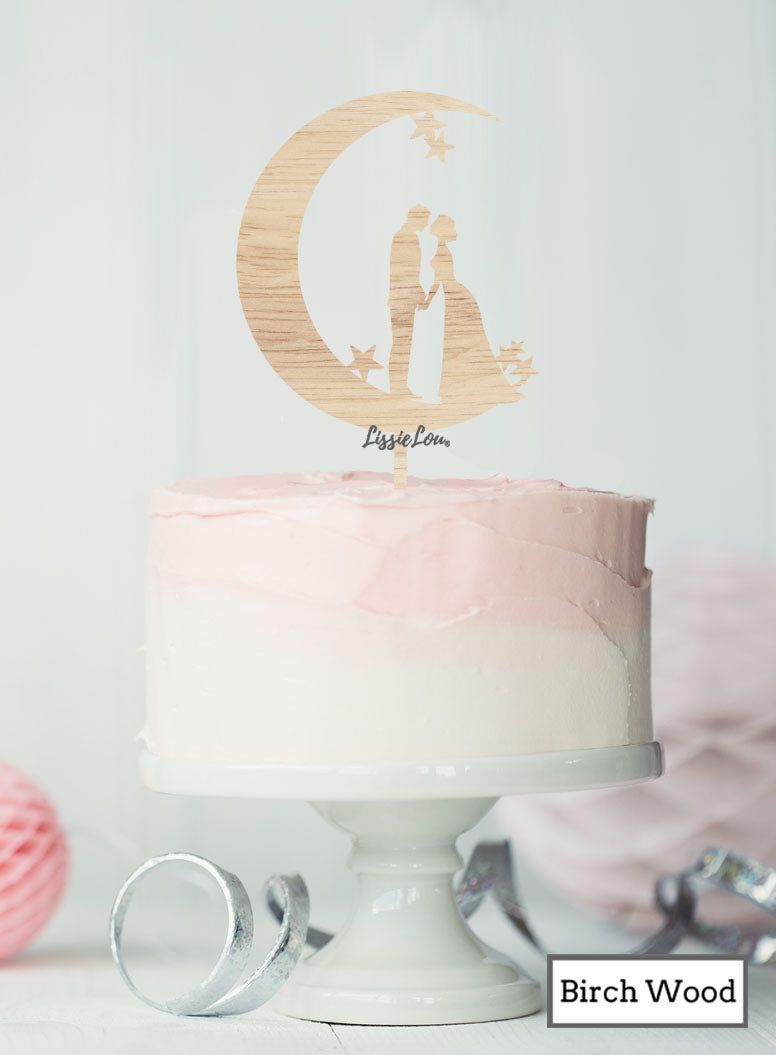 Moon and Star Silhouette Couple Wedding Cake Topper Premium 3mm Birch Wood