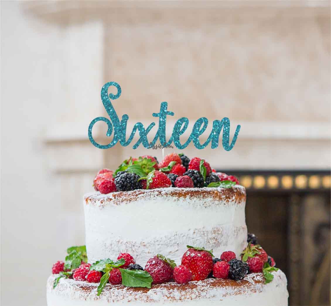 Sixteen Cake Topper Glitter Card Glitter Light Blue