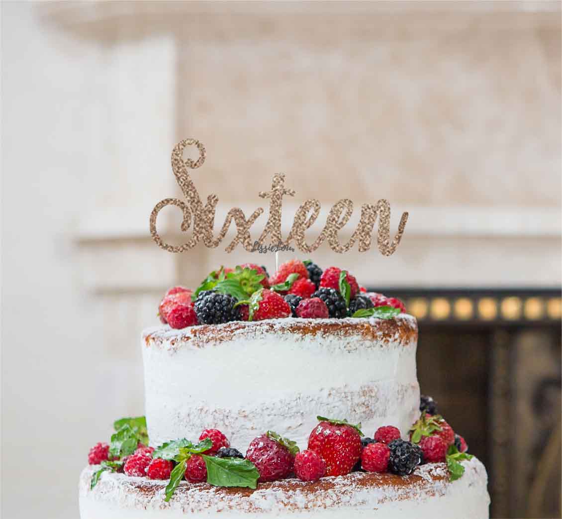 Sixteen Cake Topper Glitter Card Glitter Rose Gold
