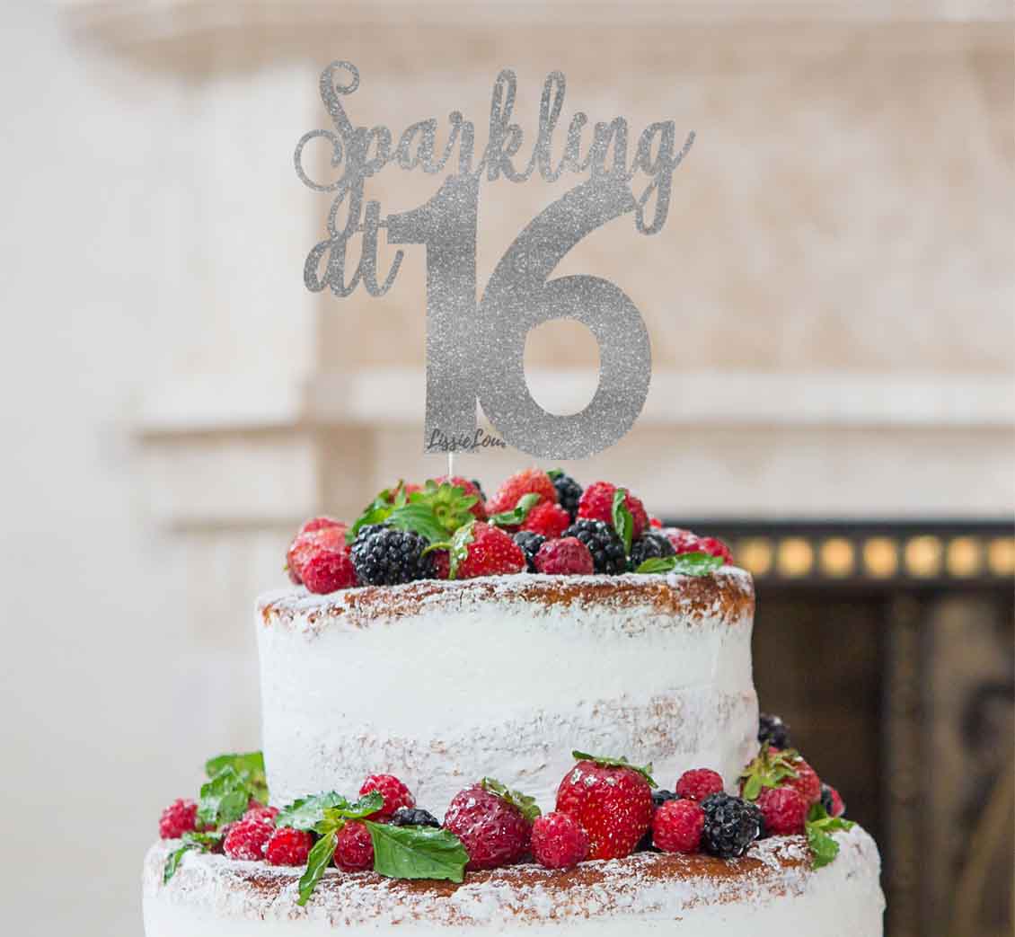 Sparkling at 16 Glitter Card Cake Topper Glitter Silver