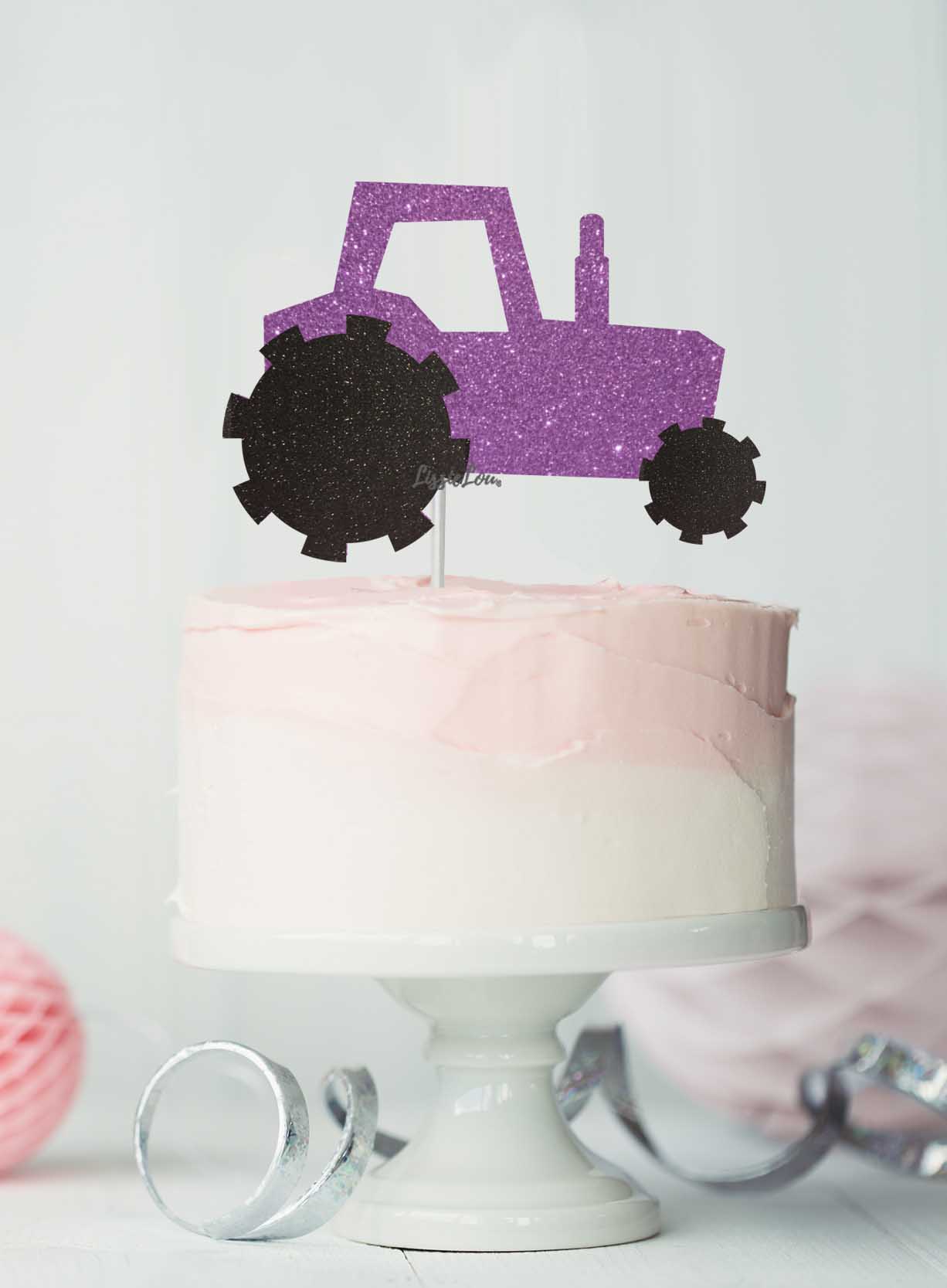 Tractor Cake Topper Glitter Card Light Purple