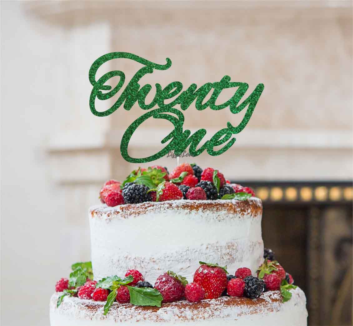 Twenty One Birthday Cake Topper 21st Glitter Card Green