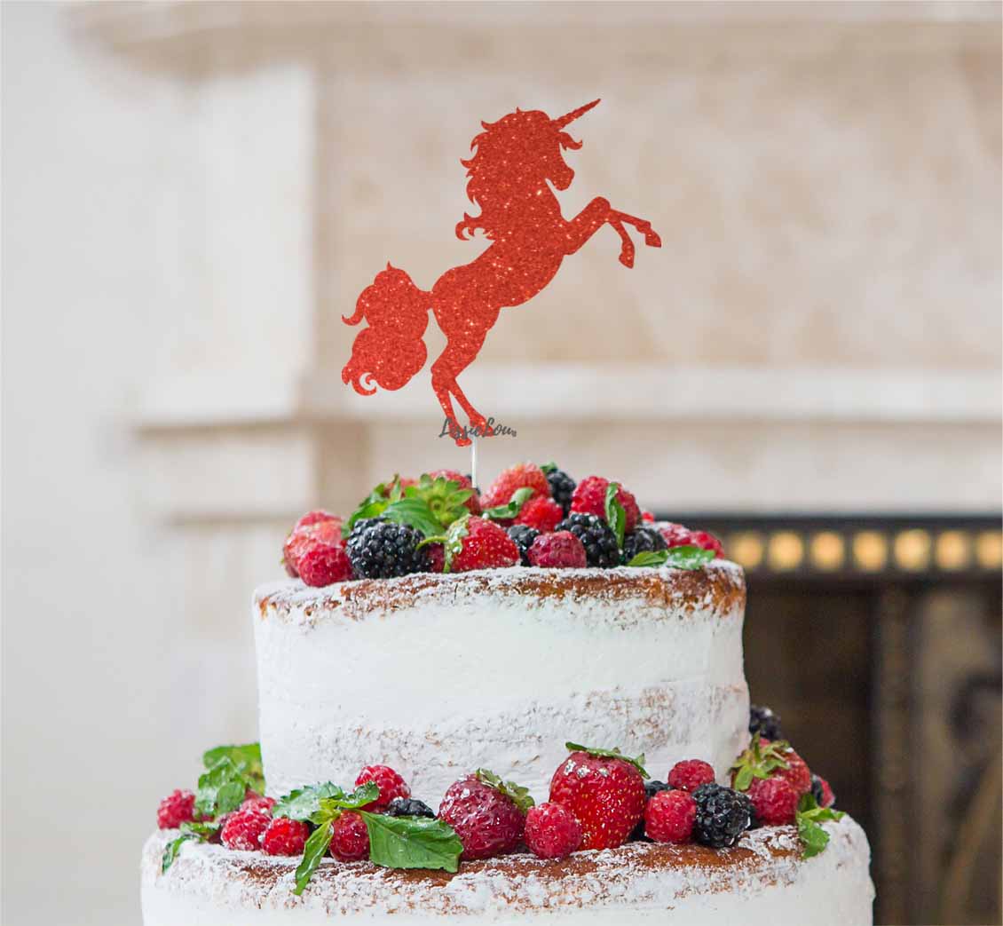 Unicorn Cake Topper Glitter Card Red