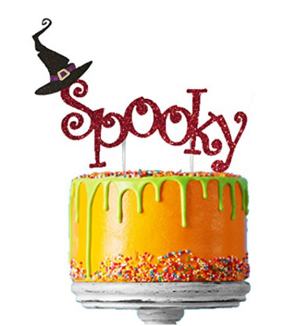 Spooky with Witches Hat Halloween Cake Topper Glitter Card Red