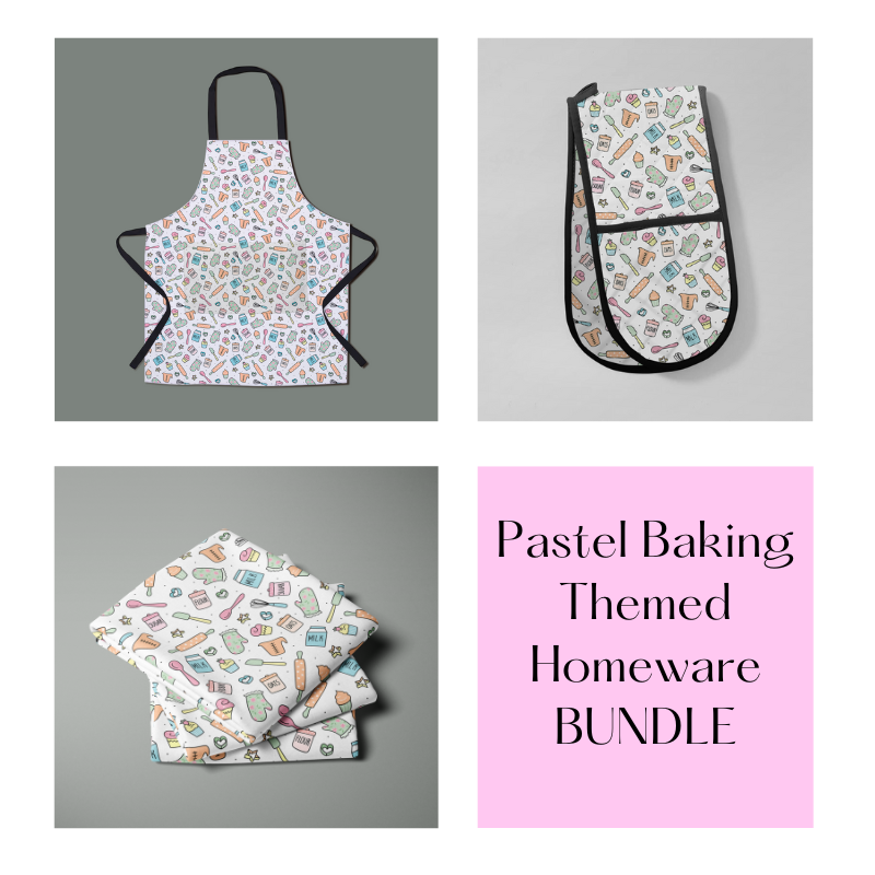 Pastel Baking Themed Homeware BUNDLE - Matching Apron, Oven Gloves and Tea Towel