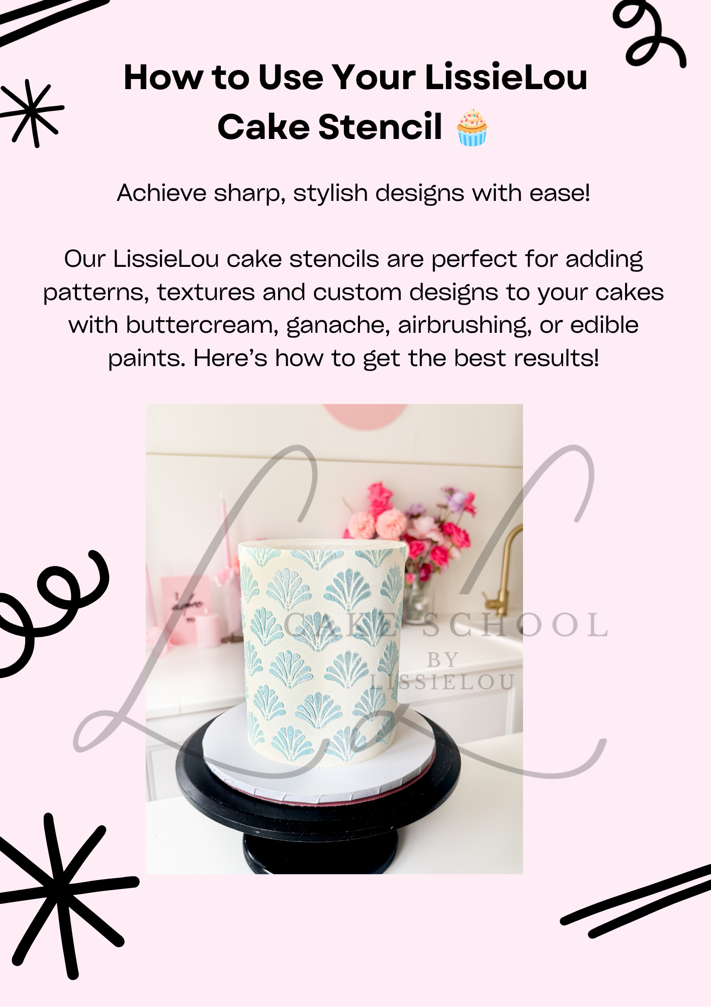 An informational graphic with text reading 'How to Use Your LissieLou Cake Stencil' above a small photo of a decorated cake on a stand. The design uses a pale pink background with decorative black doodles and a faint large 'LissieLou' watermark.
