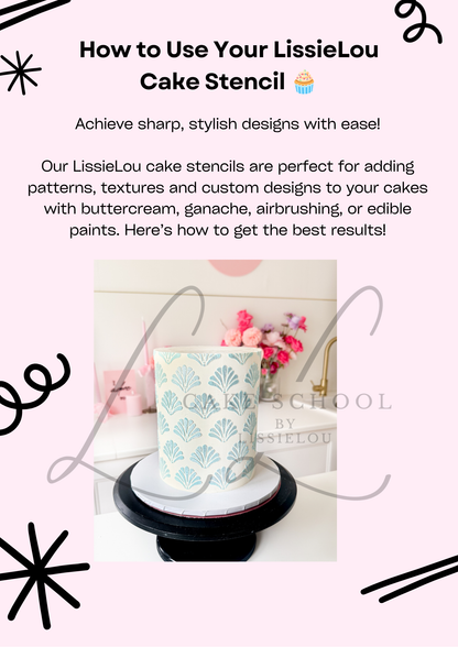 An informational graphic with text reading 'How to Use Your LissieLou Cake Stencil' above a small photo of a decorated cake on a stand. The design uses a pale pink background with decorative black doodles and a faint large 'LissieLou' watermark.